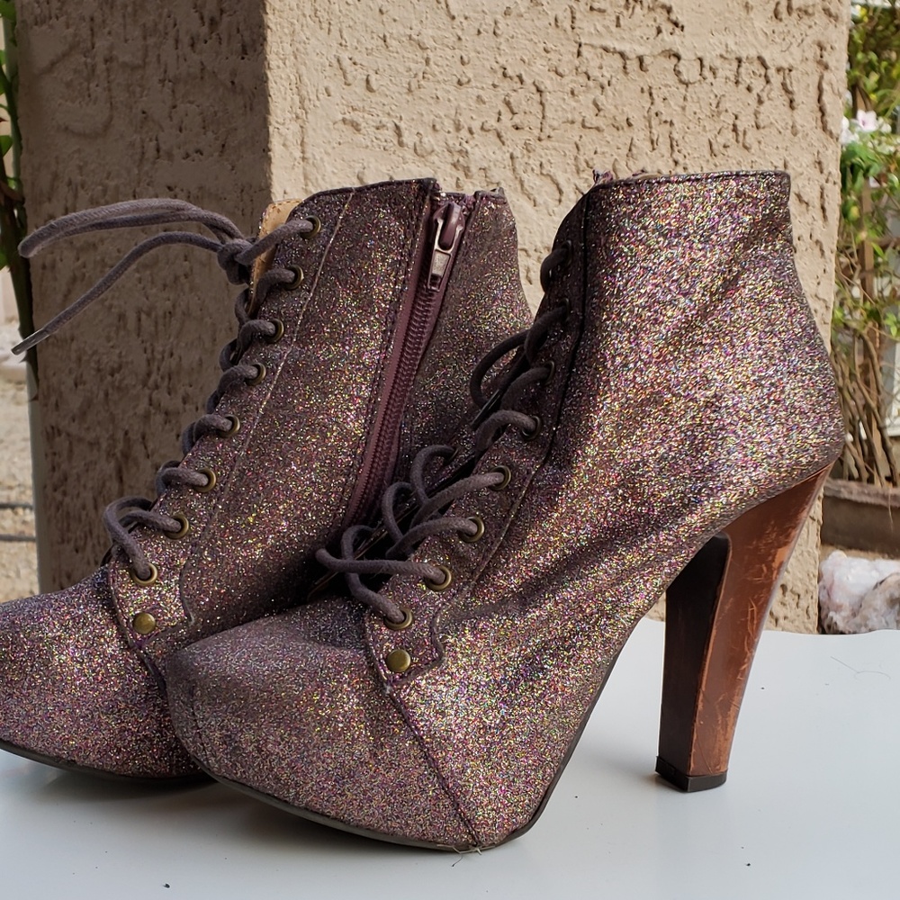 Qupid Pink Multicolor Glitter Lace Up Boot Heels